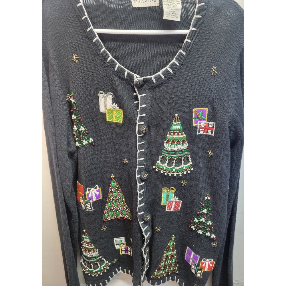 Vintage‎ White Stag Christmas Sweater Cardigan Holiday Trees Gifts XL